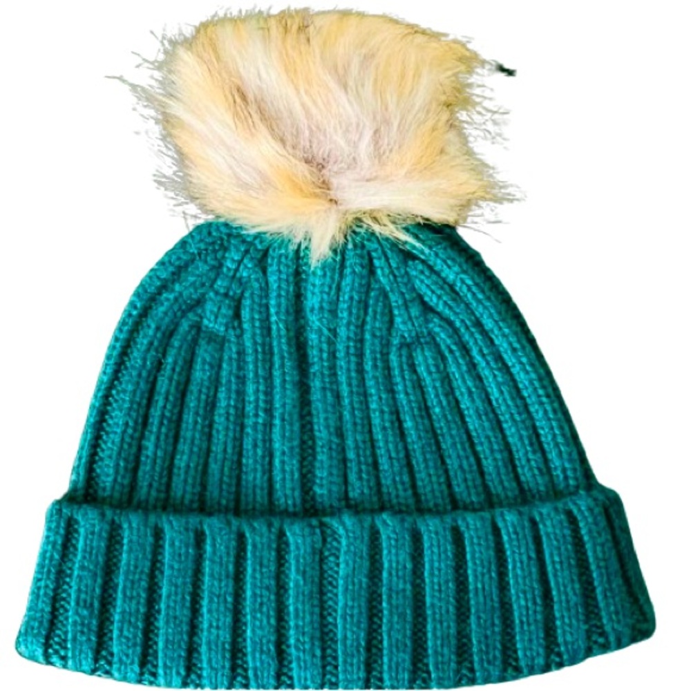NWOT Gorgeous J. Crew, “Dark Spruce” beanie, with Faux Fur Pom Pom!